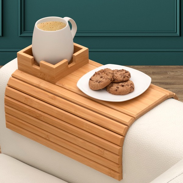 Bamboo Couch Cup Holder for Drink & Snack, Couch Arm
