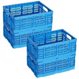Senhoglb 4-Pack Plastic Storage Baskets for Organizing Groceries Fruit with Handle, Collapsible Milk Crates, 20L Foldable Stackable Storage Bins for Home Office School Trunk, Blue