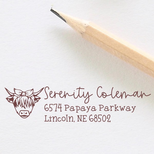 Premium Self-Inking Home Address Stamp, Lazy Highland Cow Design -