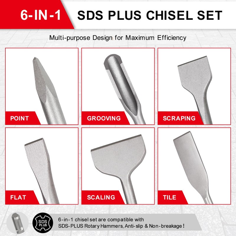 6pcs Chisel Set with SDS Plus Shanks, Masonry Concrete Drill
