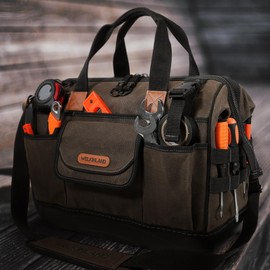 WELKINLAND 45-Pockets Waxed Canvas Tool Bag, 16-Inch Heavy-Duty electrician tools bag, Hard-Bottom HVAC tools bags, Large-Open technician tool bags, Electrical tool bag, Maintenance tool bag