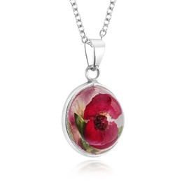 Natural Flower Jewellery Sterling Silver Round Domed Pendant Made With A Real Poppy