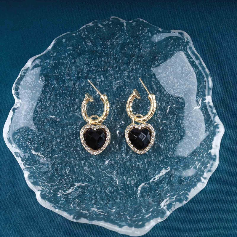 Boho Onyx Heart Drop Earrings Black Gemstone Heart Dangle Earrings