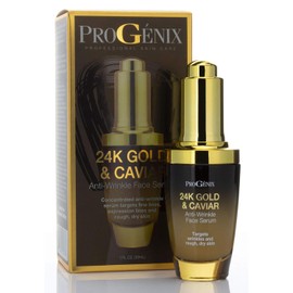 Progenix Suero de oro de 24 quilates y caviar. Suero antiarrugas con oro coloidal de 24 quilates, caviar verde vegano, miel de Manuka para líneas finas, arrugas y manchas oscuras. 1 fl oz (30 ml)