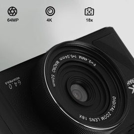 64MP Digital Camera, Camera Digital 4K, Foldable Screen, 4K Video, 18X Zoom, Rechargeable, with 3 Inch Flip Screen, Ideal with USB Connectivity for Beginners (Black)