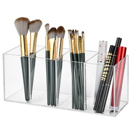 heavenlife Acrylic Pen Pencil Holder, 4 Compartments Clear Pen Pot, Makeup Brush Holder, Cosmetic Organizer Cup for Desk, Classroom, Office, Stationary Organiser (22,5 x 7,5 x 9,5 CM)