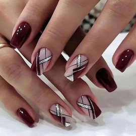 Jremg Black Press on Nails Medium Square Fake Nails with Silver Glitter Lines Design Glossy Dark Wine Red Glue on Nails Reusable Artificial Nails Acrylic Stick on Nails for Women Girls manicure 24Pcs