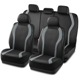 PIC AUTO Leather Car Seat Covers, Premium Automotive Waterproof Front & Rear Full Set Bucket Car Seat Protectors, Black and Gray PVC Patchwork, Fits for Cars, Trucks, Van, SUV, Airbag Compatible