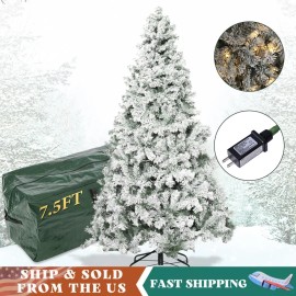 7.5ft Snow Flocked Pre-Lit Christmas Tree Hinged Artificial Spruce w/1088 Tips