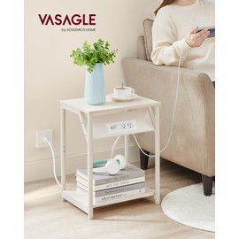 VASAGLE End Charging Station, Set of 2, Small Side Living Room, Bedroom, Nightstand with Outlets and USB Ports, Bedside Table with Storage Shelf, Cream White, 11.8 x 15.2 x 18.9 Inches