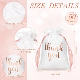 50 Pcs Thank You Satin Gift Bags Drawstring Jewelry Pouches Candy Bags for Wedding Party Bridal Shower Baby Shower Favor Birthday Holiday (White, Rose Gold, 4 x 6 Inch)
