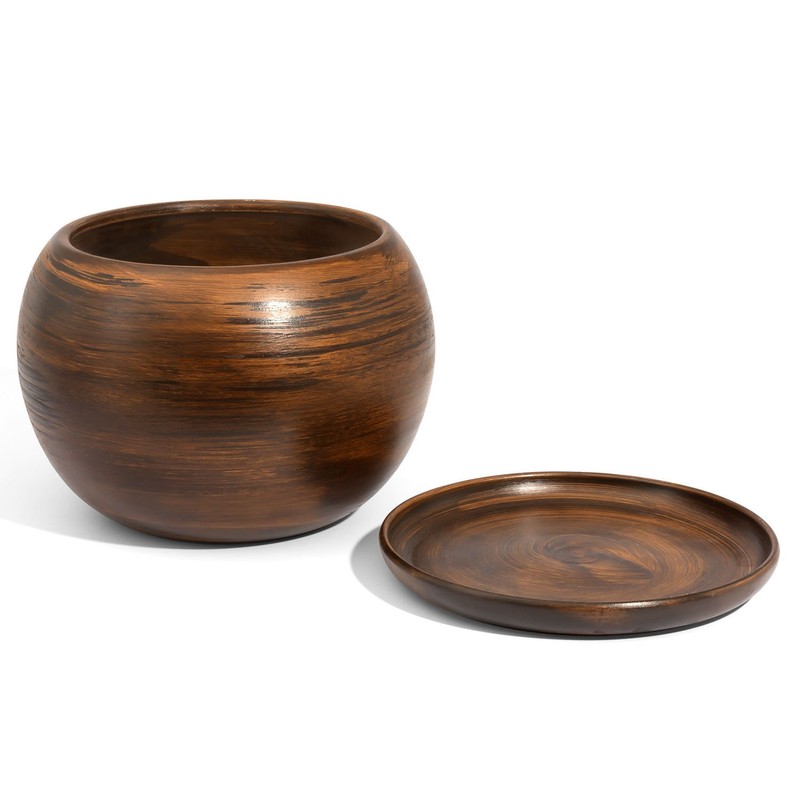 Dark brown ceramic 11 cm planter with saucer, ORB series
