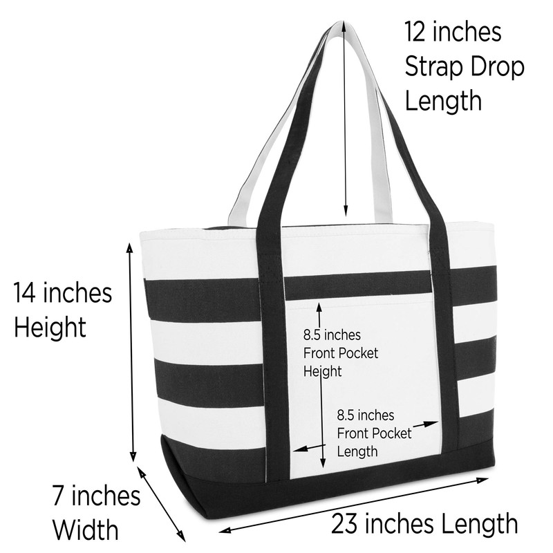 DALIX Striped Boat Bag Premium Cotton Canvas Tote in Black