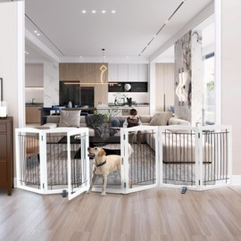 SFJC Foldable Freestanding Dog gate with Door Indoor, Wooden White Pet Gate for Doorway, Stairs, House, or Room, Dog Fence with Support Feet Included, 32" Height, 6 Panels