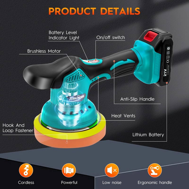 Cordless Car Buffer Polisher Kit with 2x21V Batteries, 6 Inch