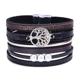 Leather Cuff Bracelet Tree of Life Multilayer Wrap Bracelet Boho Wide Buckle Bracelet Bangle for Women, Leather