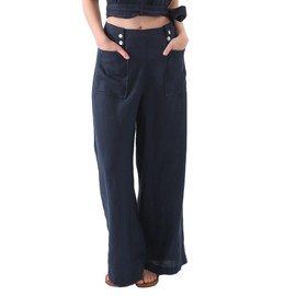 Amazhiyu Womens Pure Linen High Waist Wide Leg Pants with Pockets for Casual Summer Navy, XX-Large