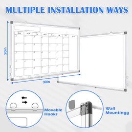 Monthly Calendar Dry Erase Whiteboard for Wall, 30" x 20" Double-Sided Large Calendar White Board, Magnetic Portable Hanging Board for Office, Home, School