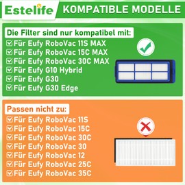 Estelife 14 Stück Seitenbürsten und Filter für Eufy RoboVac 11S Max, 15C Max, 30C Max, G10 Hybrid und G30 Hybrid Staubsaugerroboter, 6 HEPA - Filter, 8 Seitenbürsten