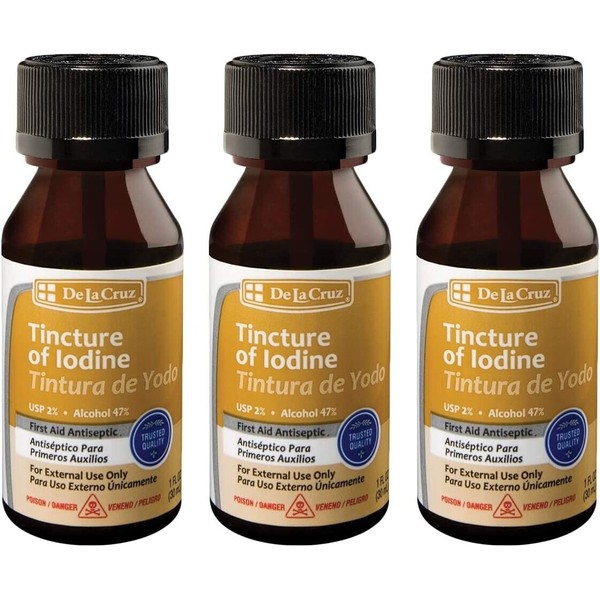 De La Cruz Tincture of Iodine, Made in USA, 1 FL. OZ. (3 BOTTLES)  Exp. 05/2025