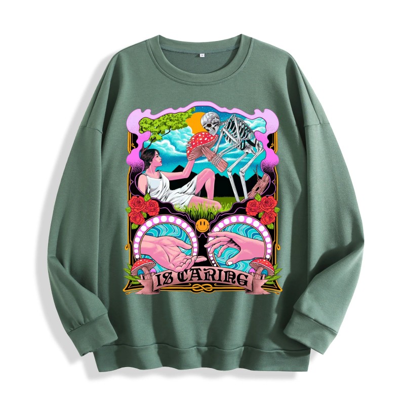 Psychedelic Skeleton Mushroom Graphic Crewneck Sweatshirt, US Warehouse, 6 ColorsSize: