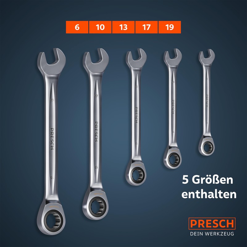 PRESCH Ratchet Wrench Set 5 Pieces (8, 10, 13, 17,
