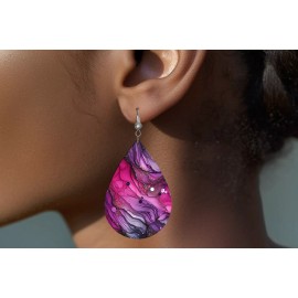 Twisted R Design Magenta and Purple Ink Wood Dangle Teardrop Print Earrings Jewelry