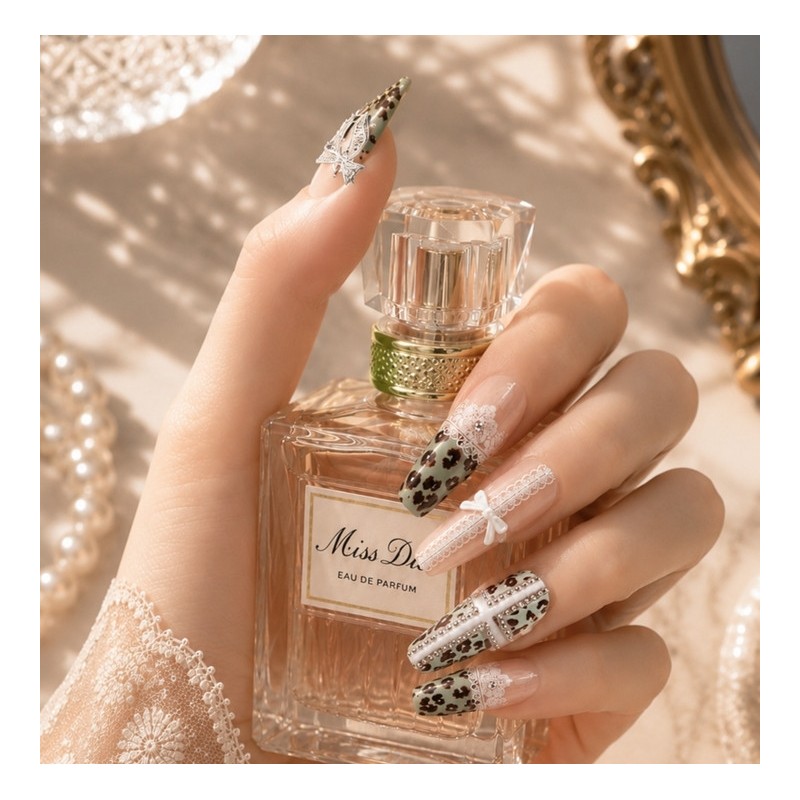 Mint Choco Gyaru Leopard Handmade Nail Tips - Oval L