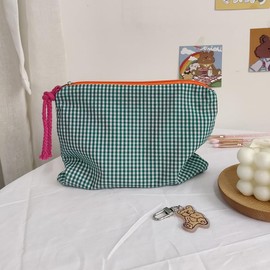 Aladeno Makeup Pouch Large Capacity Cosmetic Travel Bag Waterproof Oxford Cloth Portable Toiletry Bag for Business Trip Camping Orange Grid Make up Brushes Organizer (Green Grid)