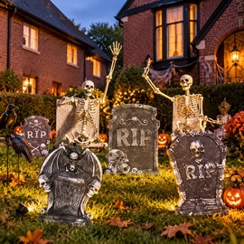 4PCS Halloween Tombstone Decorations – Foam Skeleton Graveyard Props for Haunted House, Party & Outdoor Spooky Decor