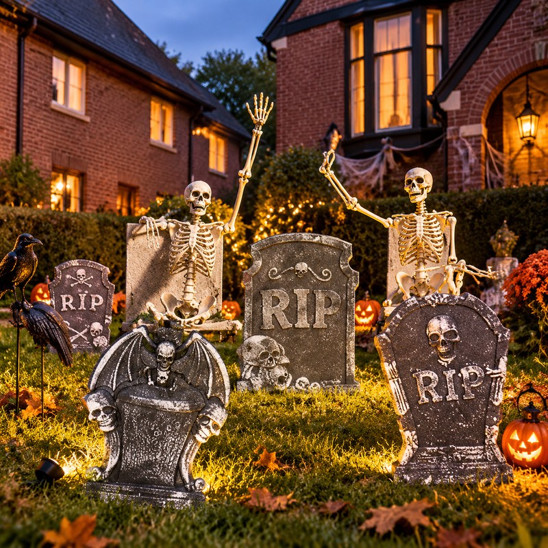 4PCS Halloween Tombstone Decorations – Foam Skeleton Graveyard Props for