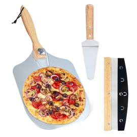Splotiva Pizza Peel, Aluminum Pizza Spatula,12 inch Metal Pizza Paddle(12"x 14") with Foldable Wood Handle, Rocker Cutter, Pizza Shovel, for Family Pizza Oven Baking Pizza, Dough, Bread & Pastry