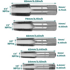 KEWAYO 5 Piece NPT Pipe Tap Set, Bearing Steel(GCR15) NPT Thread Forming Taps, Size 1/8", 1/4", 3/8", 1/2", 3/4" for Cleaning, Re-Thread Damaged or Jam Pipe Threads