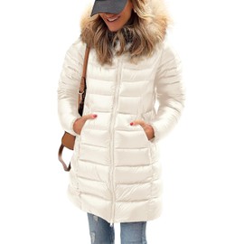 PRETTYGARDEN Women's Long Winter Puffer Coats Hooded Zip Up Thickened Parka Down Jackets Trendy Fashion Warm Outerwear (Beige White,Medium)