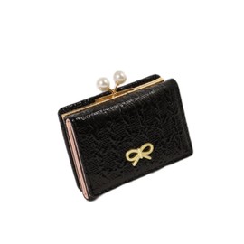 songhe Trifold Wallet, Women's Wallet, Large Capacity, Kamaboko Shape, Pearl, Ribbon Included, Card Slot, Coin Purse, Compact, Cute Mini Wallet, Black