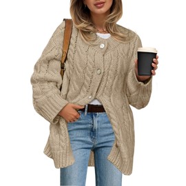 Saodimallsu Womens Cable Knit Cardigan Sweaters Chunky Button Up Long Sleeve Crew Neck Warm Loose Sweater Coats Khaki