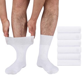 Meng Jiaran 6 Pairs Extra Wide Socks for Swollen Feet,Loose Top Socks for Men Stretchy Elastic Sock Cotton Calf Loose Top Sock for Men Hospital Working, Size UK 7.5-11.5(White)