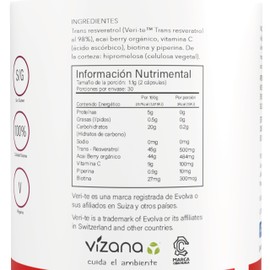VIZANA NUTRITION | Trans-Resveratrol en Cápsulas HPMC Vegetarianas (60 Caps-550 mg) Adicionado con Acai Berry, Vitamina C, Biotina y Piperina