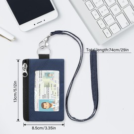 ZHOMA Minimalist RFID Wallet with Lanyard, Multi-Functional ID Case with 2 Zipper Pockets and Key Chain for Men and Women, Tactical Badge Pouch Cards Holder, Coin Purse for Travel Sports-DarkBlue