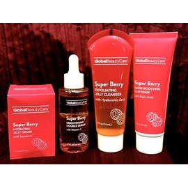 Super Berry Skincare Set with Brightening Serum, Hydrating Jelly Cream, Exfoliating Cleanser, Clay Mask, Vitamin C, Hyaluronic Acid, Kojic Acid, 4 Piece