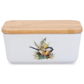Nat & Jules Dean Crouser Ceramic Stoneware 1/2 Pound, 2 Sticks Butter Dish Airtight Bamboo Lid, Kitchen Accessory, Container Holder, Refrigerator Storage, Countertop Organization, Watercolor Chickadee