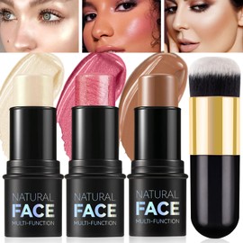 LSxia 3Pcs Cream Contour Kit - Cream Blush, Highlighter, Contour Bronzer for Cheeks, Waterproof Long Lasting Blendable, Contour Stick Trio for Face Makeup (#01, 03, 04)