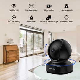 wansview Cameras House Security, Home Security Camera, 5MP Dual-band WiFi Home Camera, Real-time Motion Alert, 2-Way Audio Night Vision, Pan/Tilt SD Card Storage, Works with Alexa Q5 Black