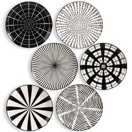 AHX Dinner Plates Ceramic Plate Set - 10 Inch Large Porcelain Round Plate Sets of 6 - Flat Modern Black Pattern Dining Plates for Kitchen | Family - Dishwasher | Microwave | Oven Safe