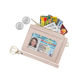 Wikavanli Women Slim Rfid Blocking Credit Card Case Holder Wristlet Zip ID Case Wallet Small Compact Leather Wallet Coin Purse with Keychain(Light Sand)