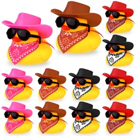 Kklolai 12 PCS Western Cowboy Ducks with Hat Scarf and Sunglasses Mini Rubber Duck Car Ornaments Funny Dashboard Decoration Small Ducks Cowboy Gifts Car Accessories, 4 Colors