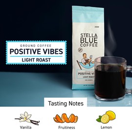 Stella Blue Ground Coffee, Positive Vibes Blend, Light Roast, Fresh Coffee Ground 100% Arabica, Smooth Balanced Roast with Distinct Flavor Notes, Ethically Sourced Coffee Beans, 12 oz Bag