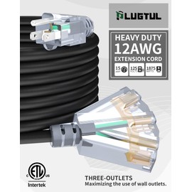 15Ft 12/3 Outdoor Extension Cord with 3-Outlets, Heavy Duty 12 Gauge 3 Prong Extension Cord Waterproof with Lighted end, 15A 12AWG 1875W SJTW, ETL Listed - Great for Garage, Garden and Home, Black