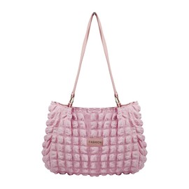 AfitLulu Women's Large Quilted Tote Bag, Pleated Shoulder Bag, Women's Inflated Shopper Bag with Zip and Leather Handle for Shopping, Travel, Work, pink