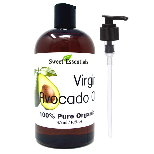 Sweet Essentials Premium Organic Unrefined/Virgin Avocado Oil, 16oz with Pump, Imported From Italy, 100% Pure, NON-GMO, Cold Pressed, Food Grade, Green in Color